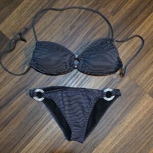 Ginja Black And White Ring Halter Tie Top Swim Bikini Size 12 Top Size 6 Bottoms